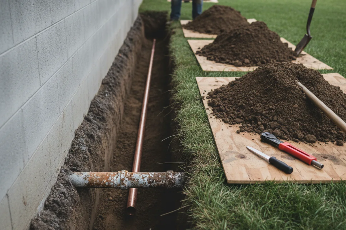 Excavated water line trench during Sewer Line Repair in Wadesboro